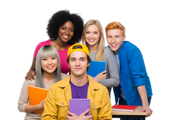 Vibrant and diverse group of enthusiastic young university students smiling broadly, celebrating friendship, academic success, and the joy of collaborative learning experiences.