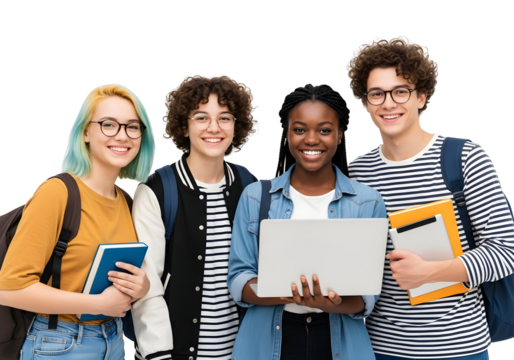 Diverse and enthusiastic young students collaborating on their educational journey, showcasing a bright future and academic success together - Powered by Adobe