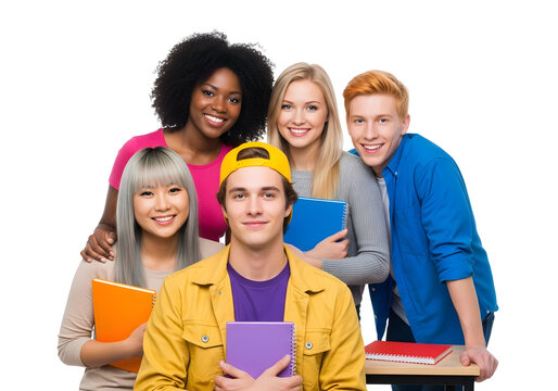 Vibrant and diverse group of enthusiastic young university students smiling broadly, celebrating friendship, academic success, and the joy of collaborative learning experiences.