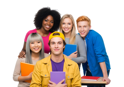 Vibrant and diverse group of enthusiastic young university students smiling broadly, celebrating friendship, academic success, and the joy of collaborative learning experiences.