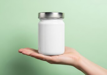 Blank white jar held in hand perfect mockup for product branding simple pale green background
