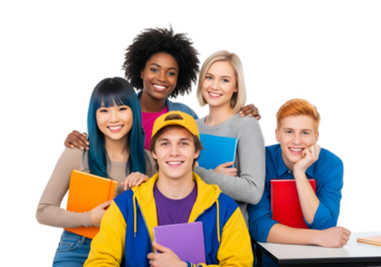 Diverse young students, a lively academic mix whisked together, radiate collaborative spirit and bright enthusiasm for their educational journey and future success.