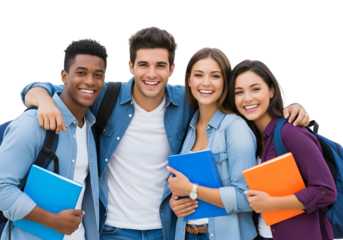 A diverse group of happy young students smiling brightly with books and backpacks, eagerly embracing their educational journey towards future success and knowledge acquisition.