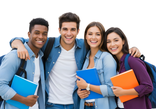 A diverse group of happy young students smiling brightly with books and backpacks, eagerly embracing their educational journey towards future success and knowledge acquisition.