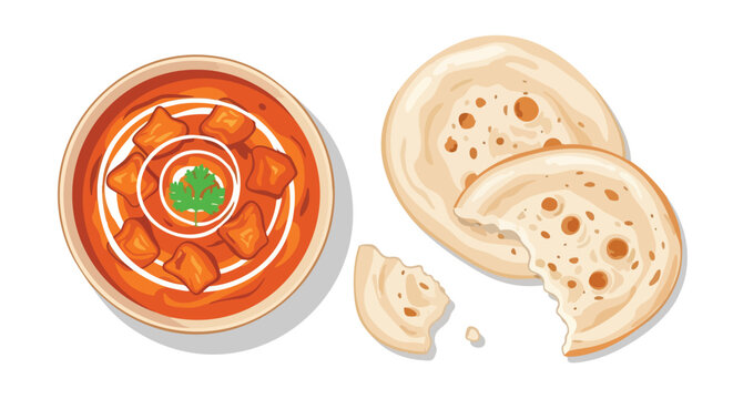 Delicious paneer butter masala with soft naan bread flat lay presentation perfect for culinary blog or restaurant menu creation