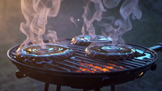 AI-generated features three smoky, glowing rings on a grill with warm light and dark background
