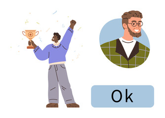 Man celebrating success holding trophy with confetti, next to a male portrait and Ok button. Ideal for victory, appreciation, celebration, achievement, success, feedback approval. Simple flat