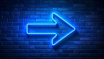 Neon blue arrow on dark blue brick wall
