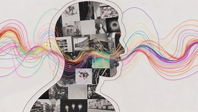 Adhd and audhd concepts. Abstract silhouette with collage and colorful waves symbolizing ADHD, sensory overload, and dynamic thought patterns in a modern, visually compelling style