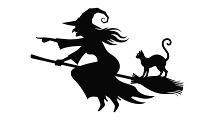 Enchanting Halloween Silhouette: A shadowy silhouette depicts a witch riding a broom with her black cat against a mystical background. This image captures the essence of Halloween.