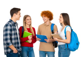 Four cheerful young students actively engaging in a lively discussion, 'whisking' together their diverse thoughts and insights to foster a productive collaborative learning experience.