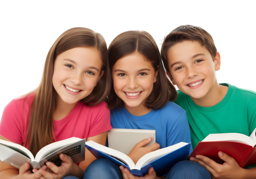 Three bright-eyed, happy children joyfully smiling at the camera, each engrossed in their open books, symbolizing the fun and importance of education and childhood learning.