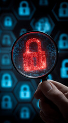 Hand Holding Magnifying Glass Over Glowing Red Digital Padlock on Blue Hexagonal Padlock Pattern security