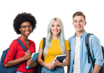 A diverse group of cheerful young students, representing a bright future for education, are smiling and ready for collaborative learning adventures.