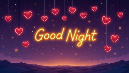Glowing good night message with hanging heart shapes and starry night sky background