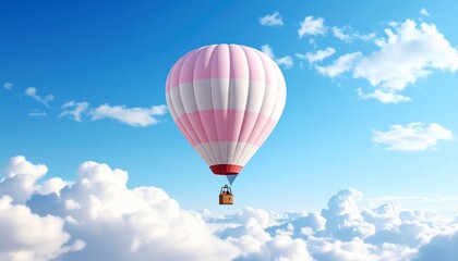 Naklejka premium Pink and white hot air balloon soaring through a bright, cloudy, blue sky
