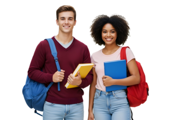 Two cheerful and diverse university students with backpacks and books, eagerly embarking on their academic journey towards a bright and successful future together.