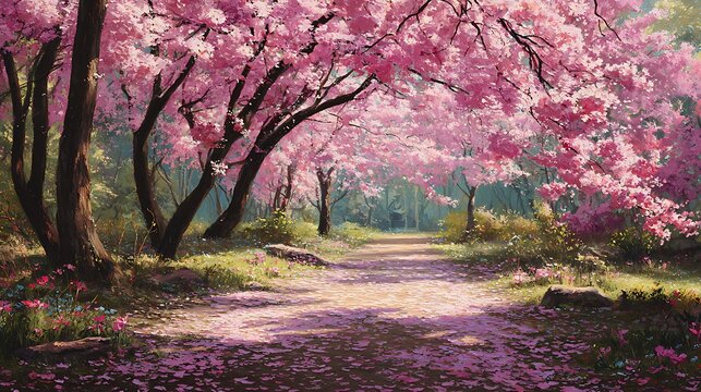 A scenic pathway lined with cherry blossom trees in full bloom creating a pink canopy over the path