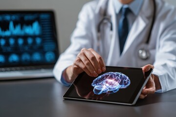 Medical professional analyzes digital brain model on tablet during research in modern healthcare setting