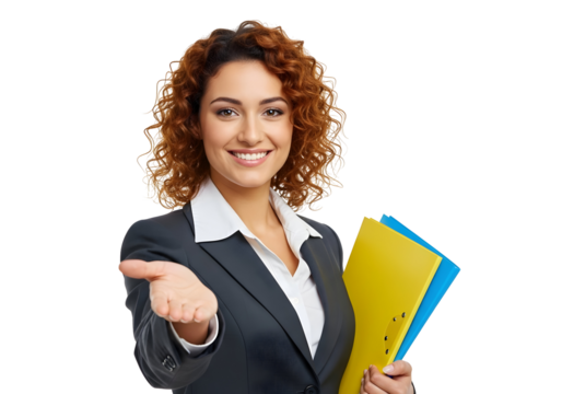Professional business woman with a confident smile, extending a welcoming hand and holding colorful folders, ready to swiftly engage in a new opportunity or offer expert guidance.