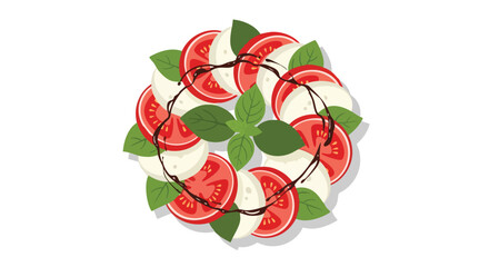 Obraz premium Caprese Salad Wreath with Balsamic Glaze, Fresh Basil and Sliced Tomatoes, A Culinary Harmony of Italian Flavors Displayed with Artistic Precision