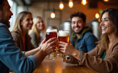 Cheerful friends enjoying a beer tasting session in a brewery. High quality