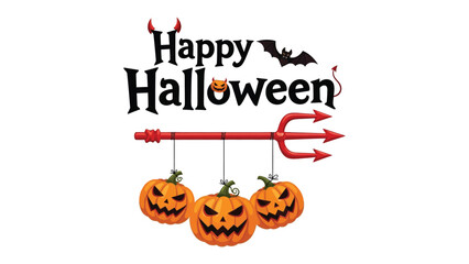 Halloween Pumpkin Trio: A festive Halloween design showcasing three carved pumpkins suspended beneath a devil's trident and bats, all under the 'Happy Halloween' greeting.