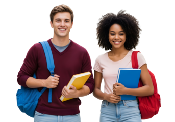 Smiling diverse young students, a male and female, joyfully embark on their educational journey, embodying the vibrant spirit of today's youth.