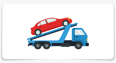 Illustration depicting roadside assistance with a vehicle being towed on a flatbed tow truck on a white background offering assistance to motorists