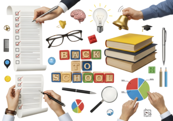 Education and learning essentials Flat lay with hands managing school supplies, planning checklists, knowledge symbols, fostering academic success and preparation.