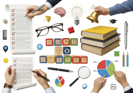 Education and learning essentials Flat lay with hands managing school supplies, planning checklists, knowledge symbols, fostering academic success and preparation.