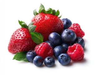 A vibrant cluster of ripe strawberries, blueberries, and raspberries, showcasing their rich colors and textures against a stark white background