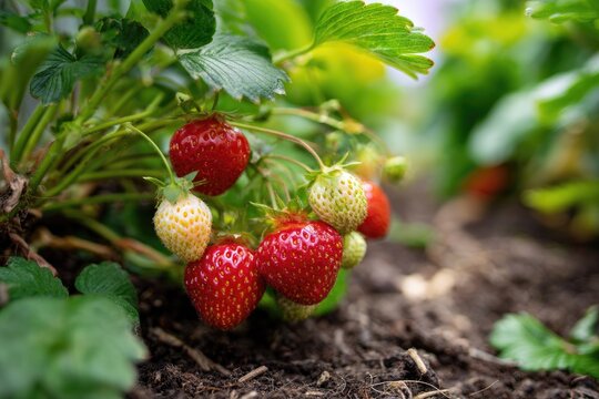 A vibrant cluster of ripening strawberries hangs heavy on a lush green plant, nestled amongst dark soil.  Several berries are red and ripe, others still pale green, showing various stages of growth - Powered by Adobe