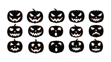 Halloween Pumpkins Array: A collection of meticulously crafted jack-o'-lanterns, each with a unique, expressive carved face, are presented in an engaging array, embodying the spirit of Halloween. 