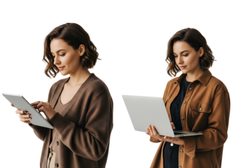 A young woman, adeptly managing her digital tasks, demonstrates the agile and seamless integration of tablet and laptop for enhanced productivity, embodying a modern connected lifestyle.