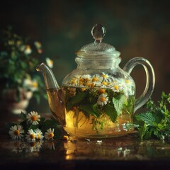 Clear teapot with chamomile & mint on wooden table; floral vase in background