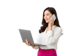 Smiling professional Asian woman expertly multitasking with a laptop and smartphone, showcasing efficient communication and digital work solutions on a clean white background.