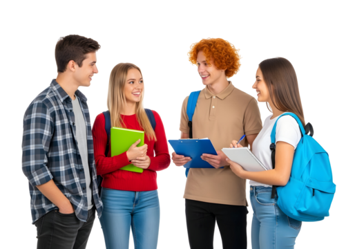 Four enthusiastic young students collaborating on a group project, exchanging ideas and fostering strong teamwork while preparing for academic success in a dynamic educational environment.