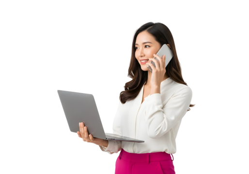 Smiling professional Asian woman expertly multitasking with a laptop and smartphone, showcasing efficient communication and digital work solutions on a clean white background.
