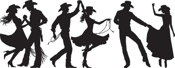 Cowboy and girl dancer silhouette vector set, Country dance silhouette.