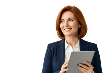 Smiling professional woman with a digital tablet skillfully prepares and develops forward-thinking strategies, confidently navigating the future of innovation.