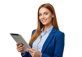 Smiling redhead professional woman in a blue blazer confidently engaging with a digital tablet, symbolizing efficient modern communication and business technology.