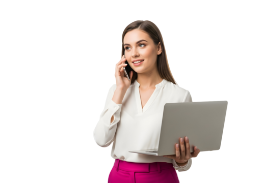A confident young professional woman skillfully manages her workload, demonstrating modern multitasking abilities with a laptop and smartphone for effective communication and business operations.