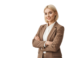 Empowered young blonde professional in a sharp business suit, posing confidently with a warm smile, ideal for portraying corporate leadership and success.