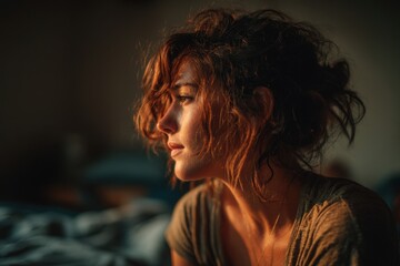 Contemplative Woman with Messy Auburn Hair in Soft Morning Light - Intimate Indoor Portrait