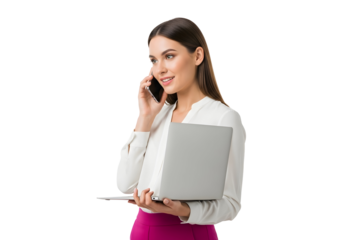 Dynamic young professional woman effortlessly manages a phone conversation and holds a laptop, embodying modern communication and productivity for today's business world.