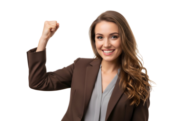 Empowered professional woman radiating confidence and celebrating success with a triumphant gesture, embodying achievement and determination in business.