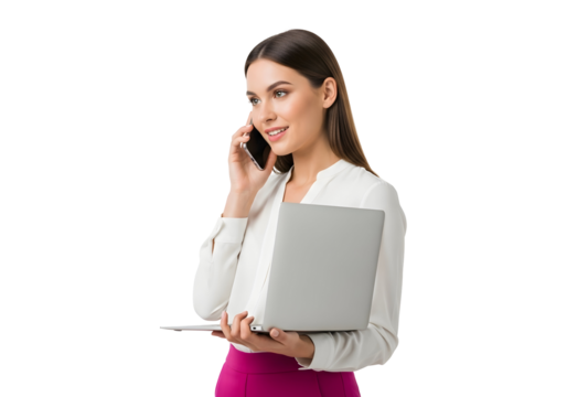 Dynamic young professional woman effortlessly manages a phone conversation and holds a laptop, embodying modern communication and productivity for today's business world.