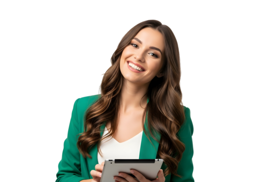 Smiling young businesswoman confidently engaging with digital technology on her tablet, embodying modern professional success and connectivity.