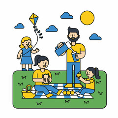 Family enjoying a picnic outdoors with kite, food, and drinks on a sunny day.